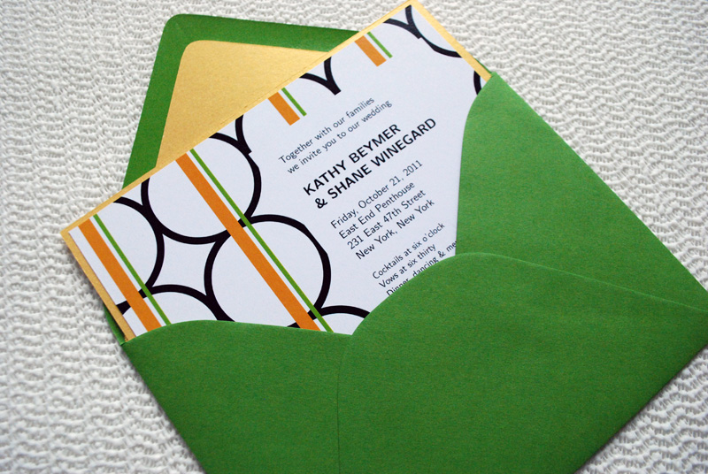 Free orange and green DIY modern wedding invitation printable template with circles and stripes