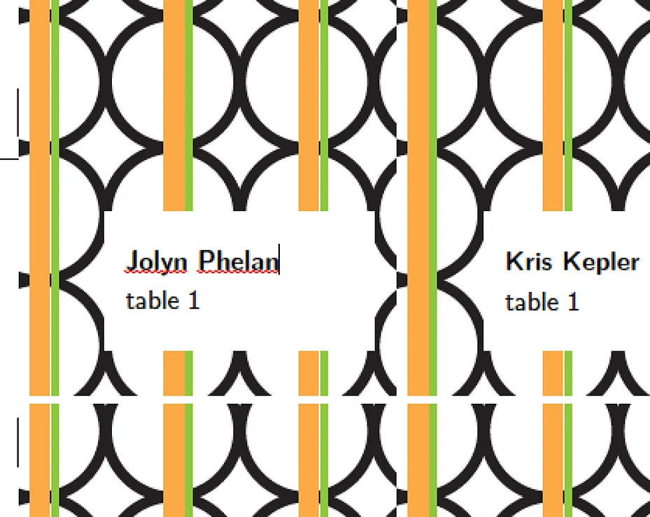 Free printable modern place cards template in clementine orange, green and black circles. Just type to personalize, print and cut!