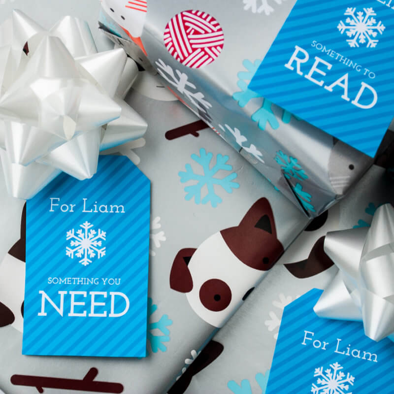 Free printable Four Gift Christmas gift tags in blue: Want, Need, Make, Read