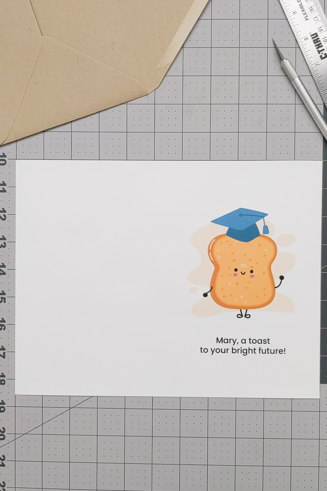 Free printable funny graduation card - a cute piece of toast wearing a graduation cap and saying "a toast to your bright future."