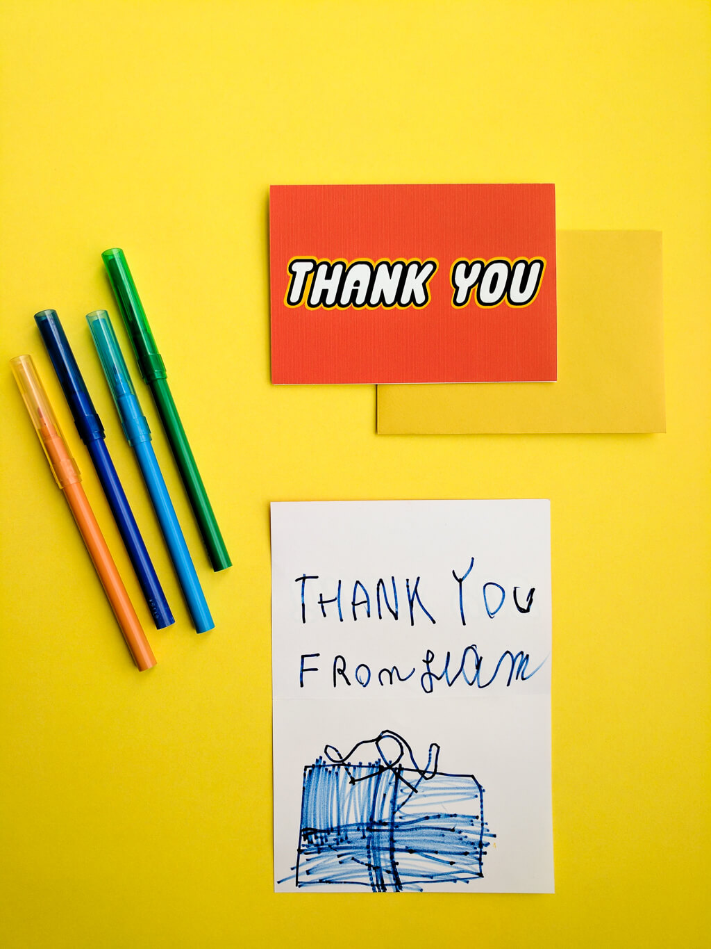 Free printable LEGO-inspired thank you cards. Just download, print and cut -- birthday kids can draw or write their own LEGO birthday party thank you notes inside.