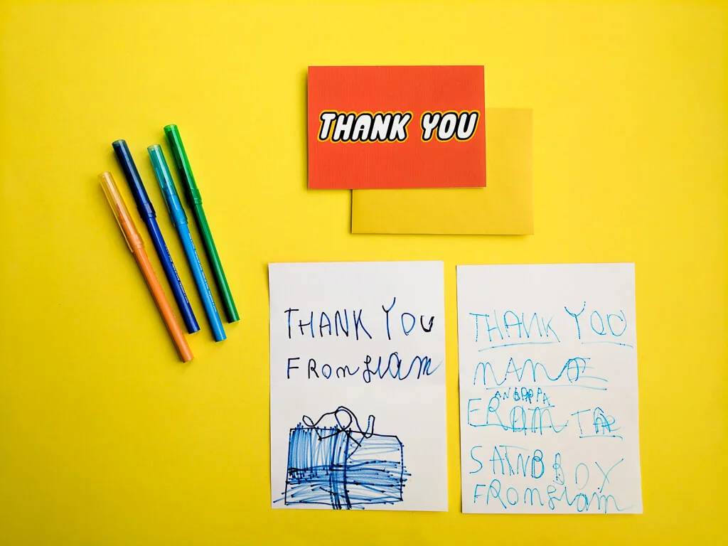 Free printable LEGO-inspired thank you cards. Just download, print and cut -- birthday kids can draw or write their own LEGO birthday party thank you notes inside.