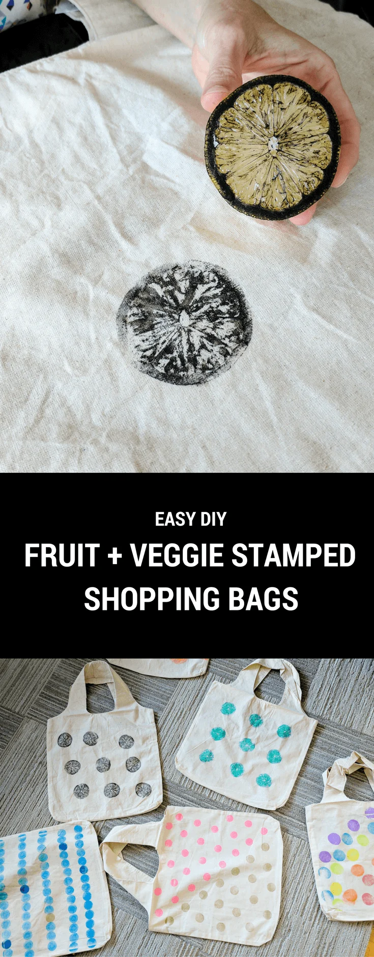 Fruit and veggie stamping: Make easy DIY reusable cotton shopping bags stamped with lemons, potatoes, onions, carrots and more vegetables
