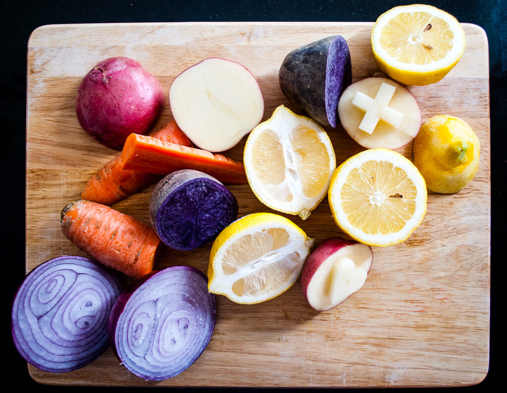 Cut lemons, potatoes, carrots, and more for fruit and veggie stamping