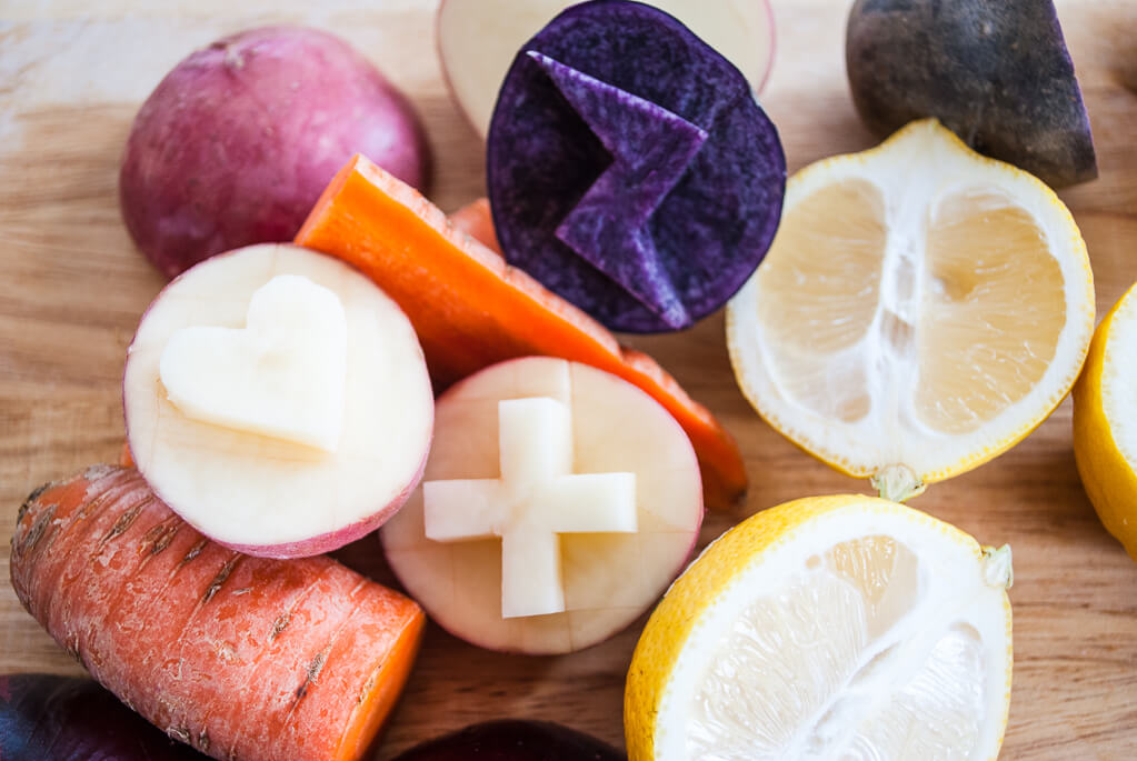 Cut lemons, potatoes, carrots, and more for fruit and veggie stamping