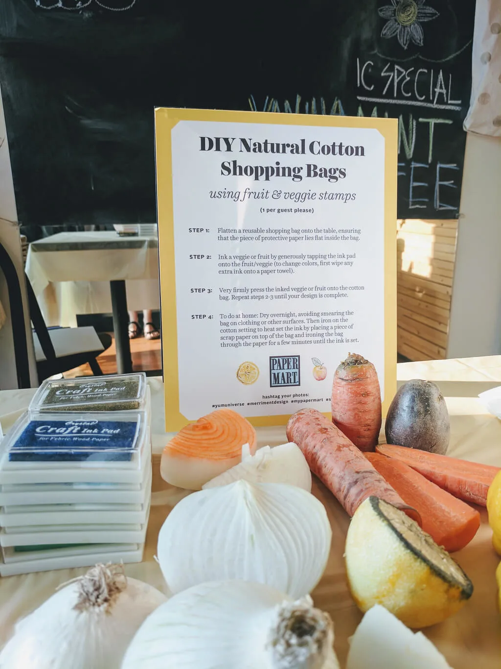 DIY natural cotton shopping bags using fruit & veggie stamps - set up a table for party guests to make their own reusable shopping bag.