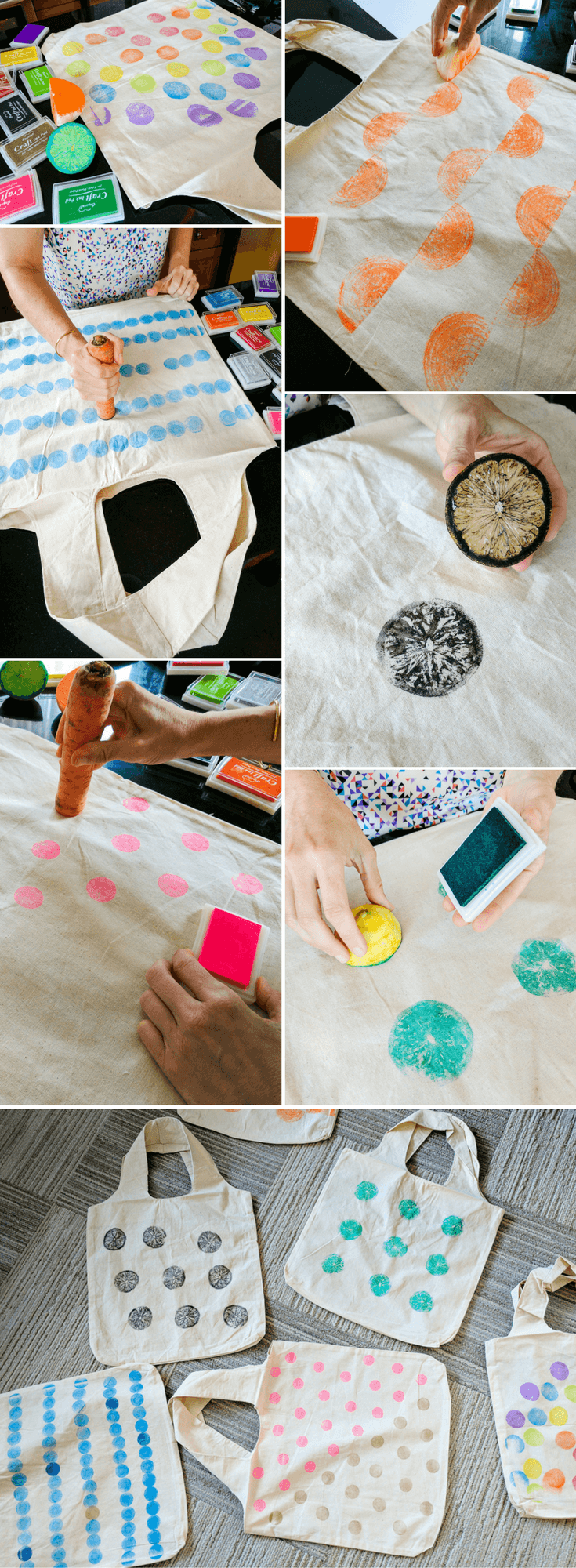 Fruit and veggie stamps - use lemons, onions, potatoes and more to make your own DIY reusable grocery bags | easy kids activity | DIY shopping bags | vegetable stamps