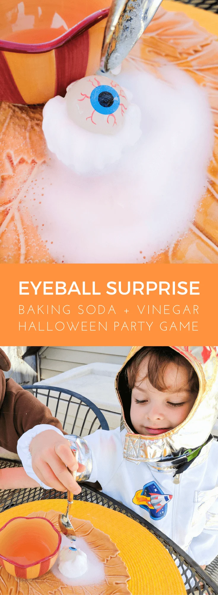 Fun kids Halloween party game: Eyeball surprise! Freeze glow-in-the-dark eyeball bouncy balls in baking soda and water, then spoon on vinegar to reveal. #halloween #halloweenparty