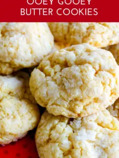 Ooey gooey butter cookies recipe - you'll never guess that these delicious cookies come from a yellow cake mix! Make these St. Louis quick and easy cake mix cookies from scratch for Christmas cookie exchanges and school celebrations. #ooey #gooey #butter #cookies #recipe #cake #mix #easy #yellow #christmas #scratch