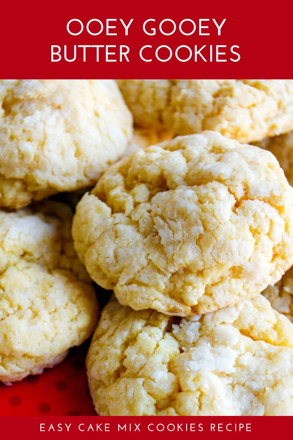 Ooey gooey butter cookies recipe - you'll never guess that these delicious cookies come from a yellow cake mix! Make these St. Louis quick and easy cake mix cookies from scratch for Christmas cookie exchanges and school celebrations. #ooey #gooey #butter #cookies #recipe #cake #mix #easy #yellow #christmas #scratch