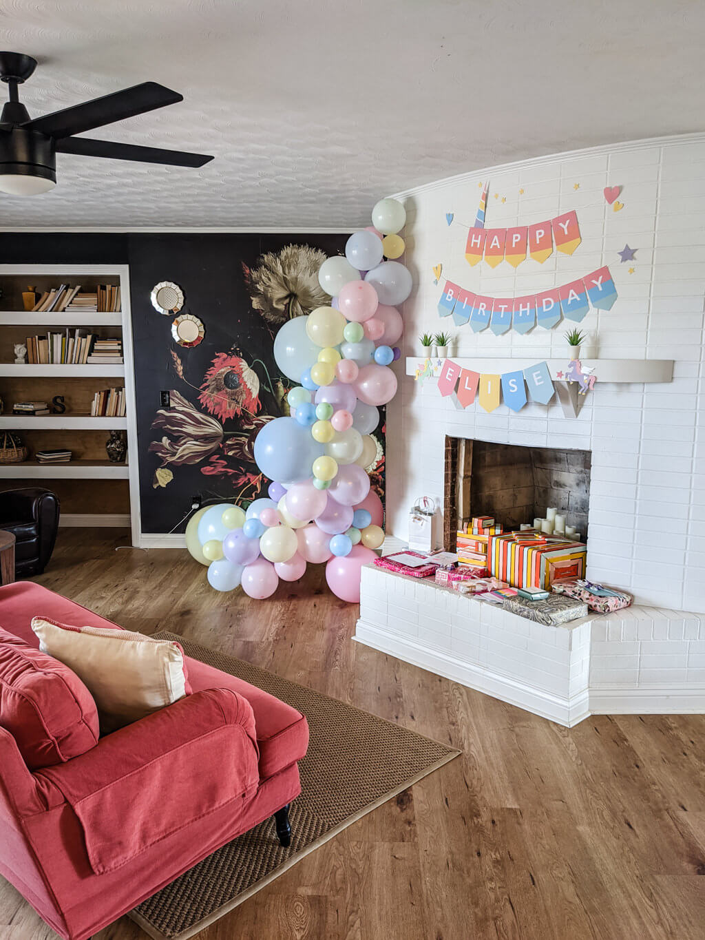 DIY balloon garland and banner unicorn birthday party decorations
