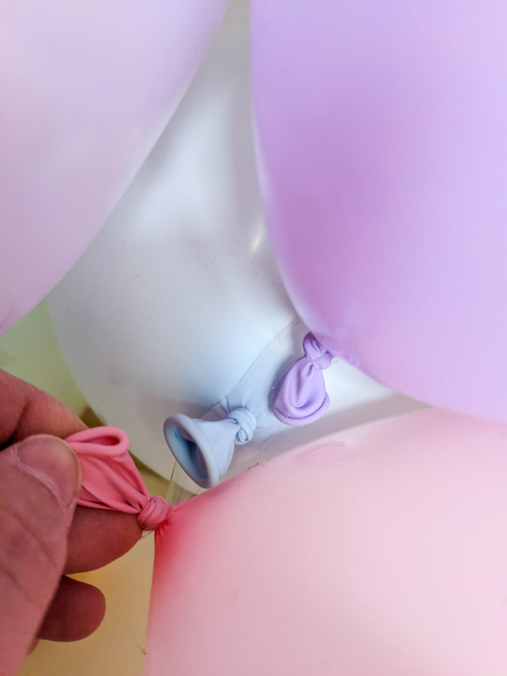 Putting balloons on a balloon strip garland