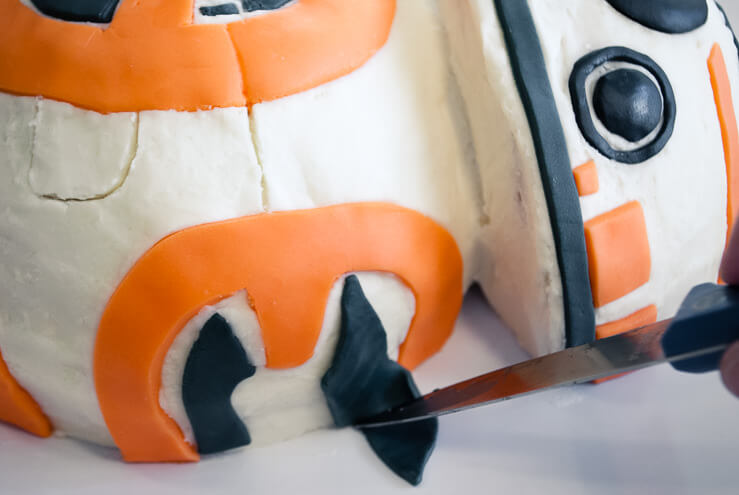 Decorating a BB-8 birthday cake with fondant