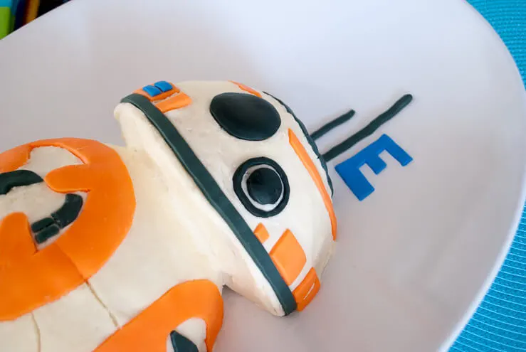 Close-up of a BB-8 birthday cake with fondant and buttercream