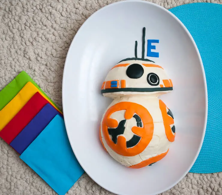 BB-8 cake for a Star Wars Birthday Party using a 3D ball pan