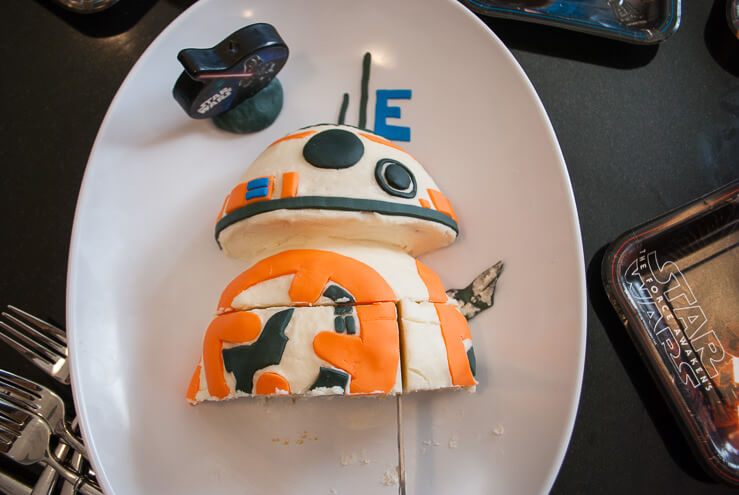 Cutting a Star Wars 3D BB-8 birthday cake