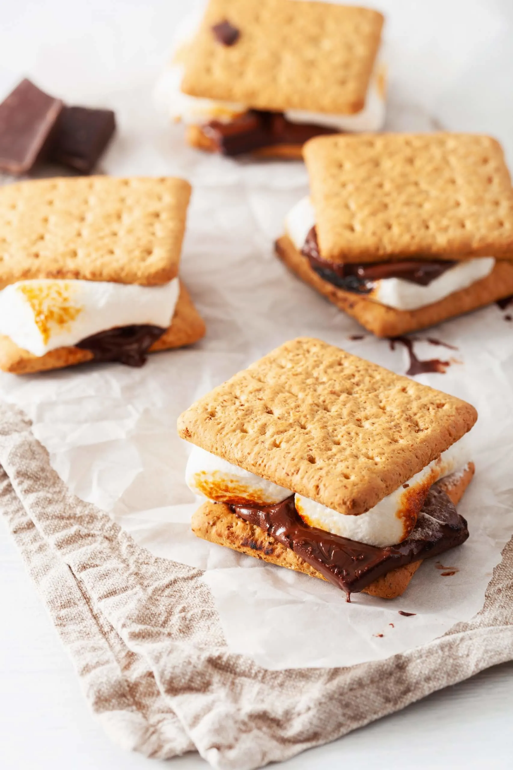 Indoor s'mores marshmallow and chocolate on graham crackers