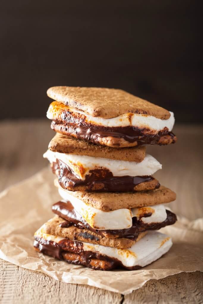 Indoor s'mores marshmallow and chocolate on graham crackers