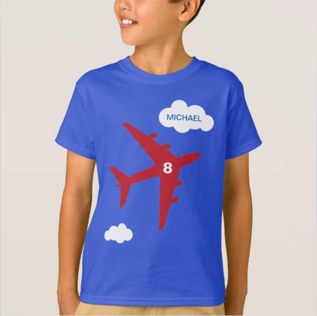 Red and blue personalized airplane birthday party t-shirt for kids