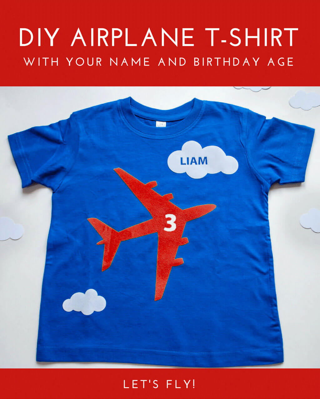 Kid's red and blue airplane birthday t-shirt personalized with name and age for an airplane birthday party