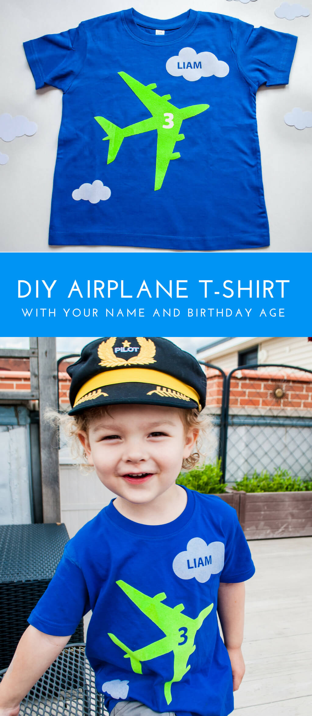 Kid's airplane birthday t-shirt personalized with name and age for an airplane birthday party