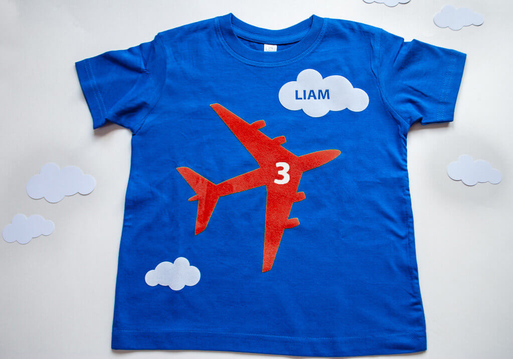 Kid's airplane birthday t-shirt in red and blue