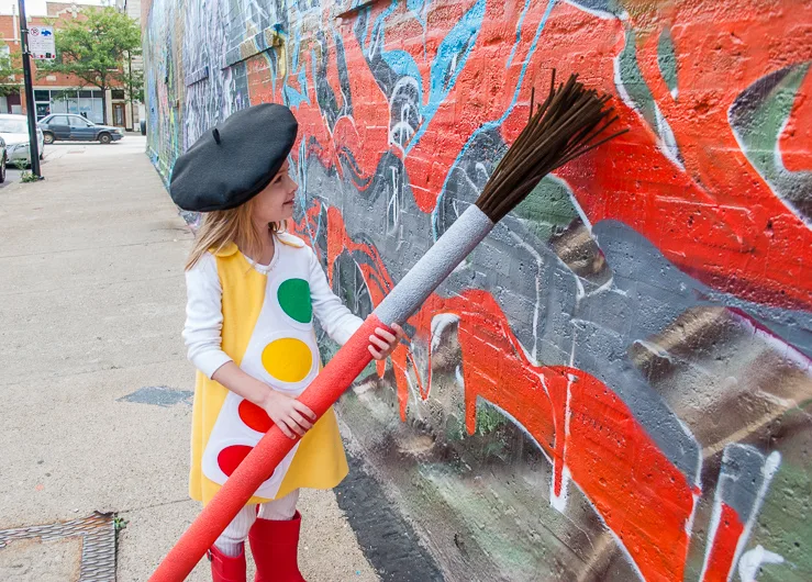 Kid's Handmade Halloween Costume: Watercolor Paint Box with Giant Paint Brush and Free Kids French Beret Sewing Pattern for Little Artists @merrimentdesign