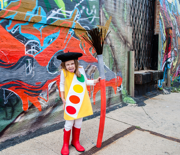 Kid's Handmade Halloween Costume: Watercolor Paint Box with Giant Paint Brush and Free Kids French Beret Sewing Pattern for Little Artists @merrimentdesign