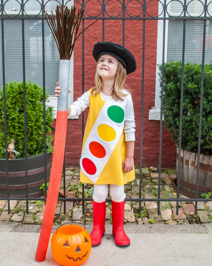 Kid's Handmade Halloween Costume: Watercolor Paint Box with Giant Paint Brush and Free Kids French Beret Sewing Pattern for Little Artists @merrimentdesign