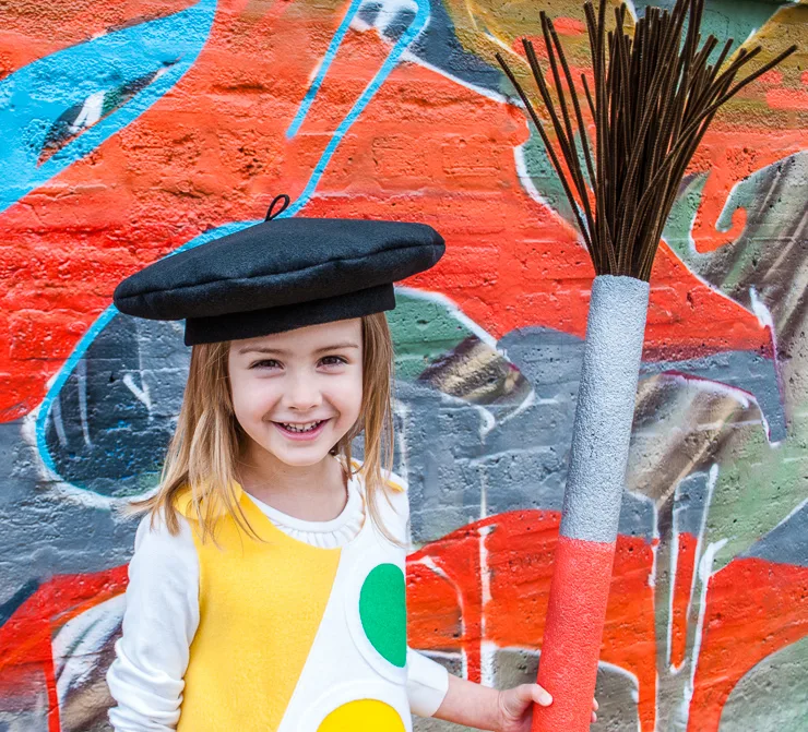 DIY Halloween Costume Idea for Kids: Watercolor Paint Box with Giant Paint Brush for Little Artists (with free French Beret Sewing Pattern)