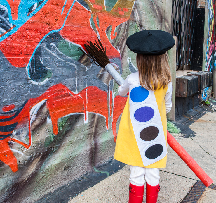 DIY Halloween Costume Idea for Kids: Watercolor Paint Box with Giant Paint Brush for Little Artists (with free French Beret Sewing Pattern)