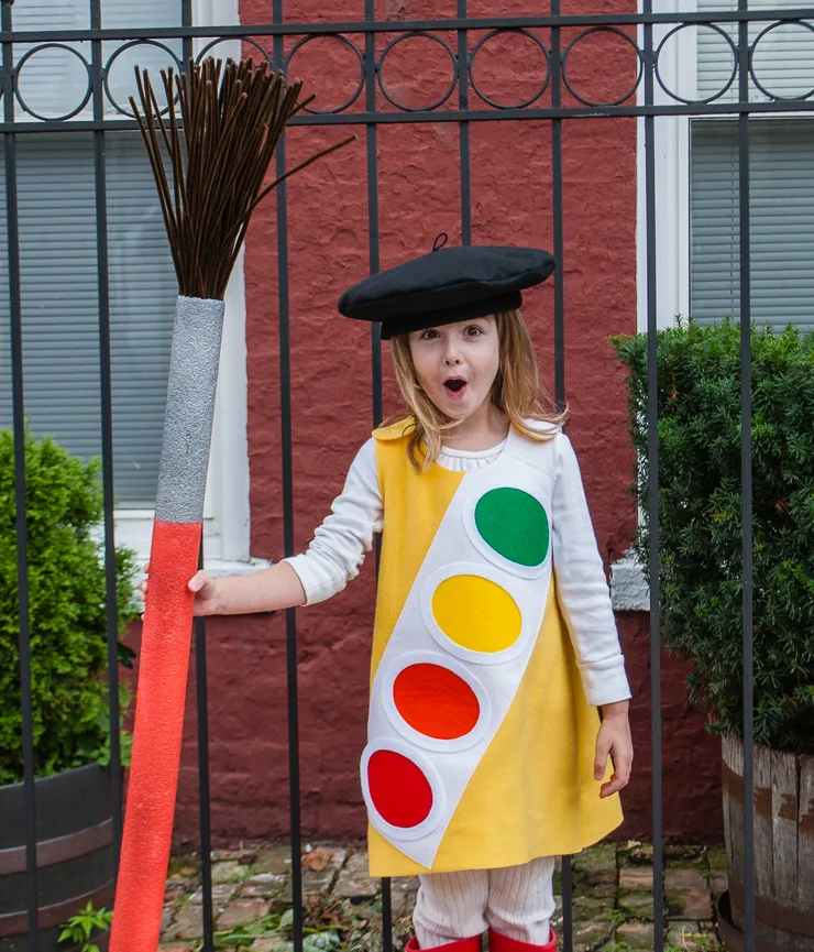 Kid's Handmade Halloween Costume: Watercolor Paint Box with Giant Paint Brush and Free Kids French Beret Sewing Pattern for Little Artists @merrimentdesign