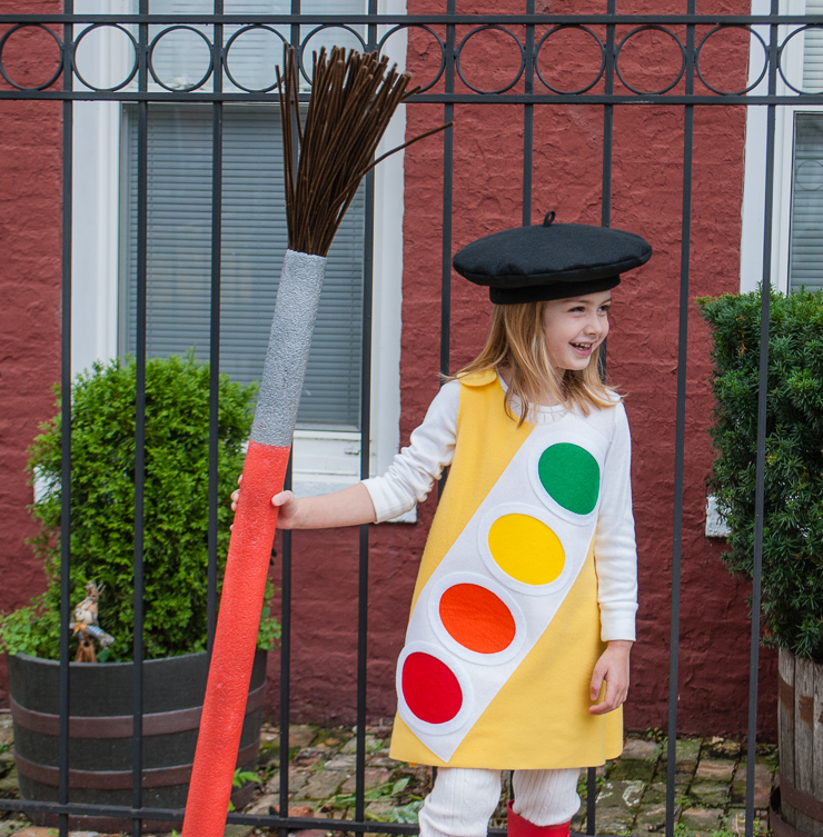 DIY Halloween Costume Idea for Kids: Watercolor Paint Box with Giant Paint Brush for Little Artists (with free French Beret Sewing Pattern)