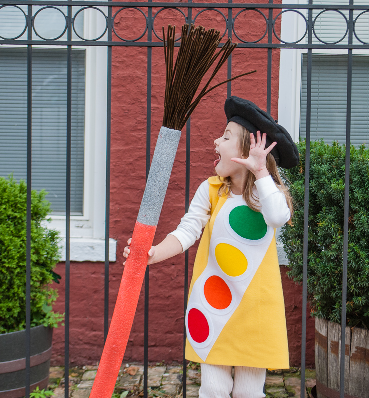 Kid's Handmade Halloween Costume: Watercolor Paint Box with Giant Paint Brush and Free Kids French Beret Sewing Pattern for Little Artists @merrimentdesign