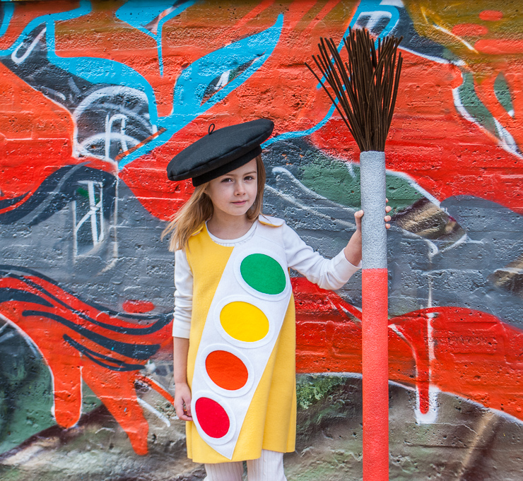 Kid's Handmade Halloween Costume: Watercolor Paint Box with Giant Paint Brush and Free Kids French Beret Sewing Pattern for Little Artists @merrimentdesign