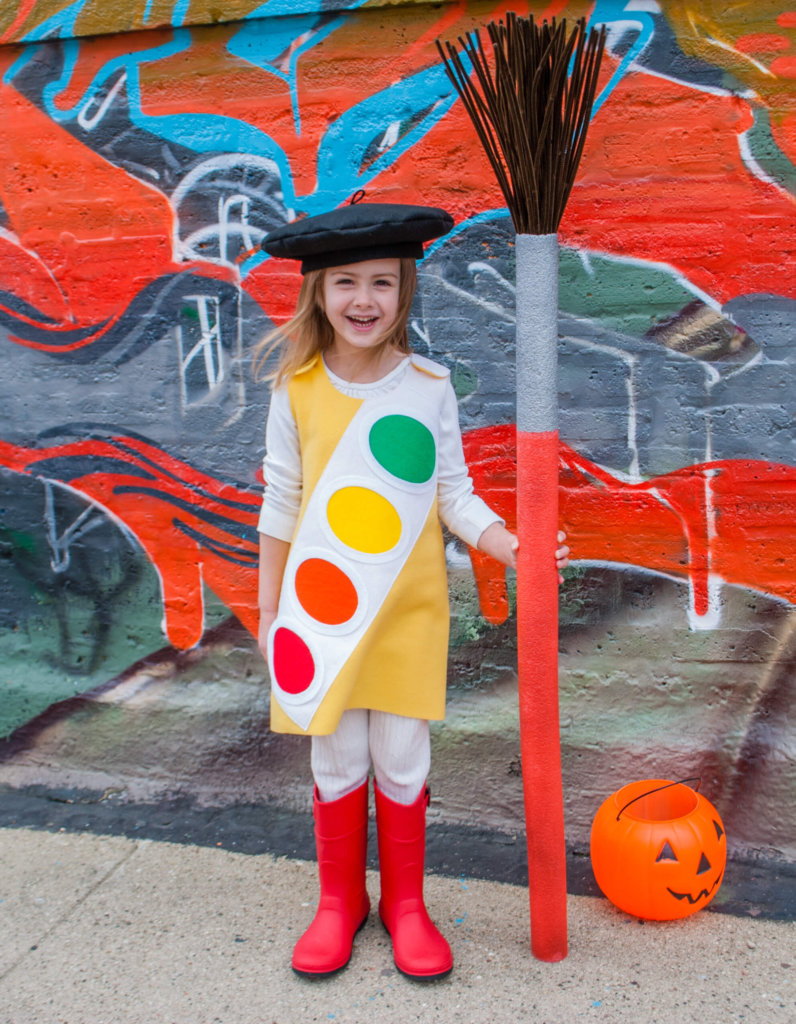 DIY Halloween Costume Idea for Kids: Watercolor Paint Box with Giant Paint Brush for Little Artists (with free French Beret Sewing Pattern)