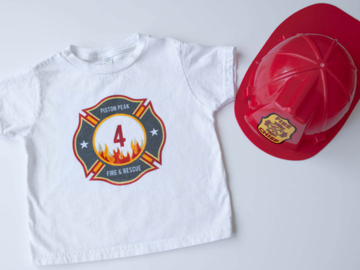 Make a DIY personalized fireman iron-on t-shirt for a firefighter birthday party or Fire & Rescue birthday party t-shirt. You can make it in less than 30 minutes!