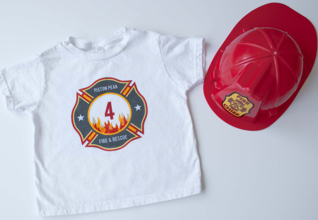 Make a DIY personalized fireman iron-on t-shirt for a firefighter birthday party or Fire & Rescue birthday party t-shirt. You can make it in less than 30 minutes!