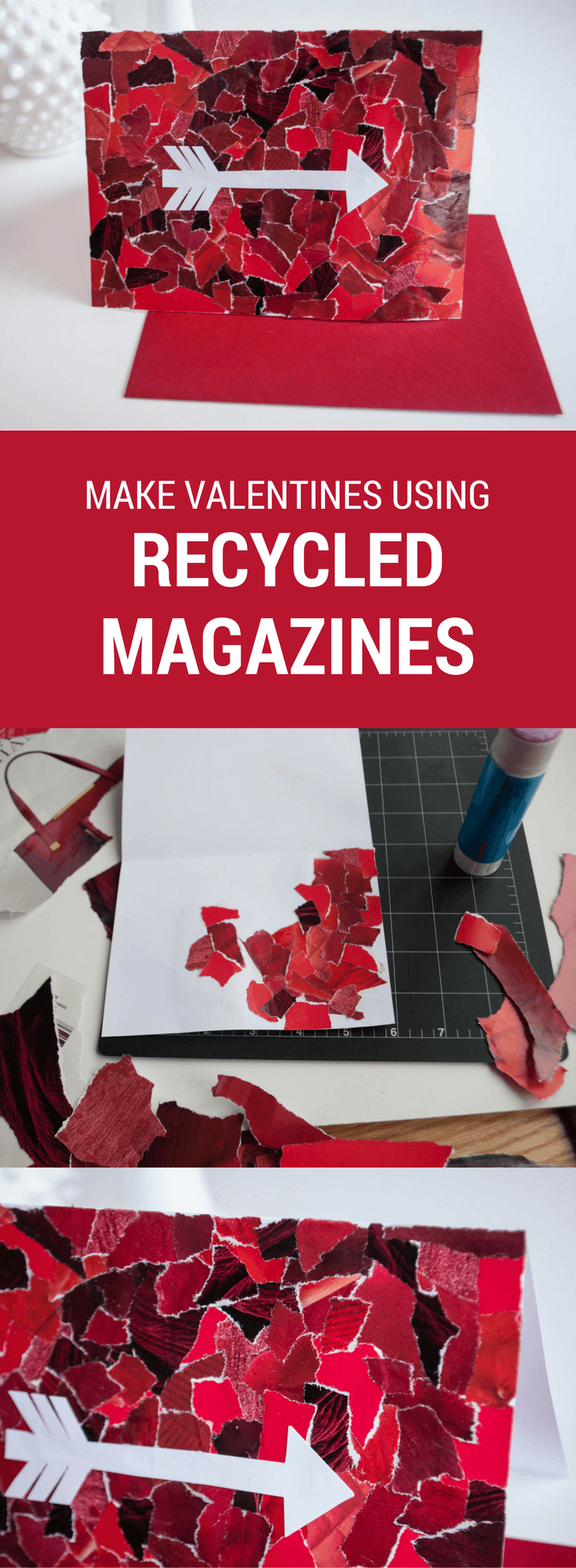 Make DIY valentines using recycled magazines. Just rip the reds, glue onto blank cards, and add an arrow. What a clever last-minute Valentine's Day card! Make DIY valentines using recycled magazines. Just rip the reds, glue onto blank cards, and add an arrow. What a clever last-minute Valentine's Day card!