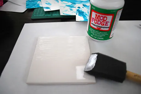 Making decoupage tile coasters - how to make with ceramic tiles, Mod Podge and kid's fingerpainting artwork