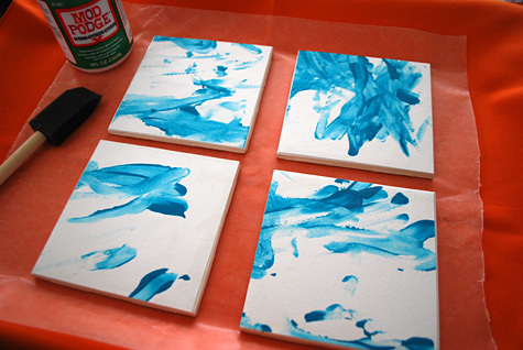 Making decoupage tile coasters - how to make with ceramic tiles, Mod Podge and kid's fingerpainting artwork