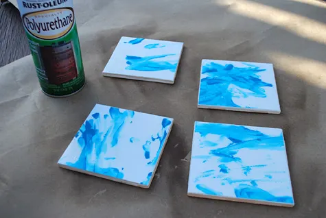 Making decoupage tile coasters - how to make with ceramic tiles, Mod Podge and kid's fingerpainting artwork