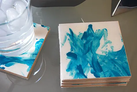 Making decoupage tile coasters - how to make with ceramic tiles, Mod Podge and kid's fingerpainting artwork