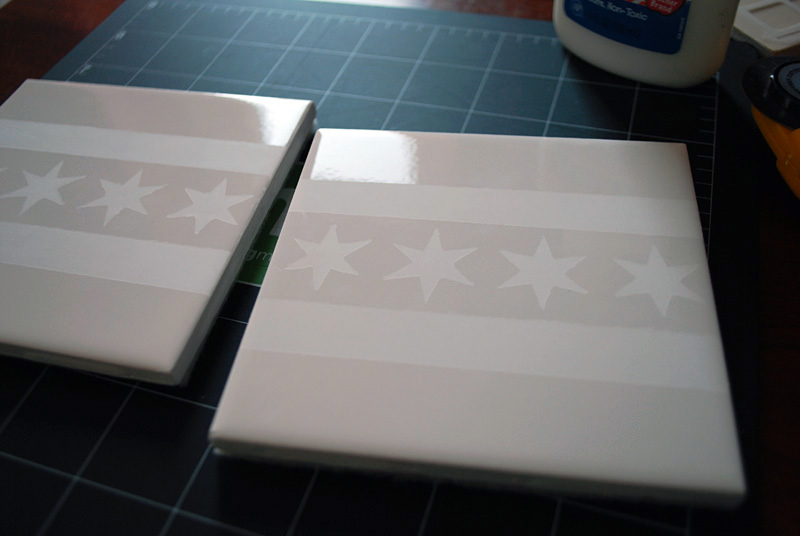 Make your own coasters with ceramic tiles and etching cream - plus Chicago flag free template