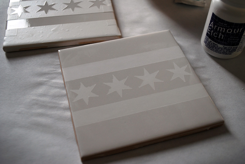 Make your own coasters with ceramic tiles and etching cream - plus Chicago flag free template