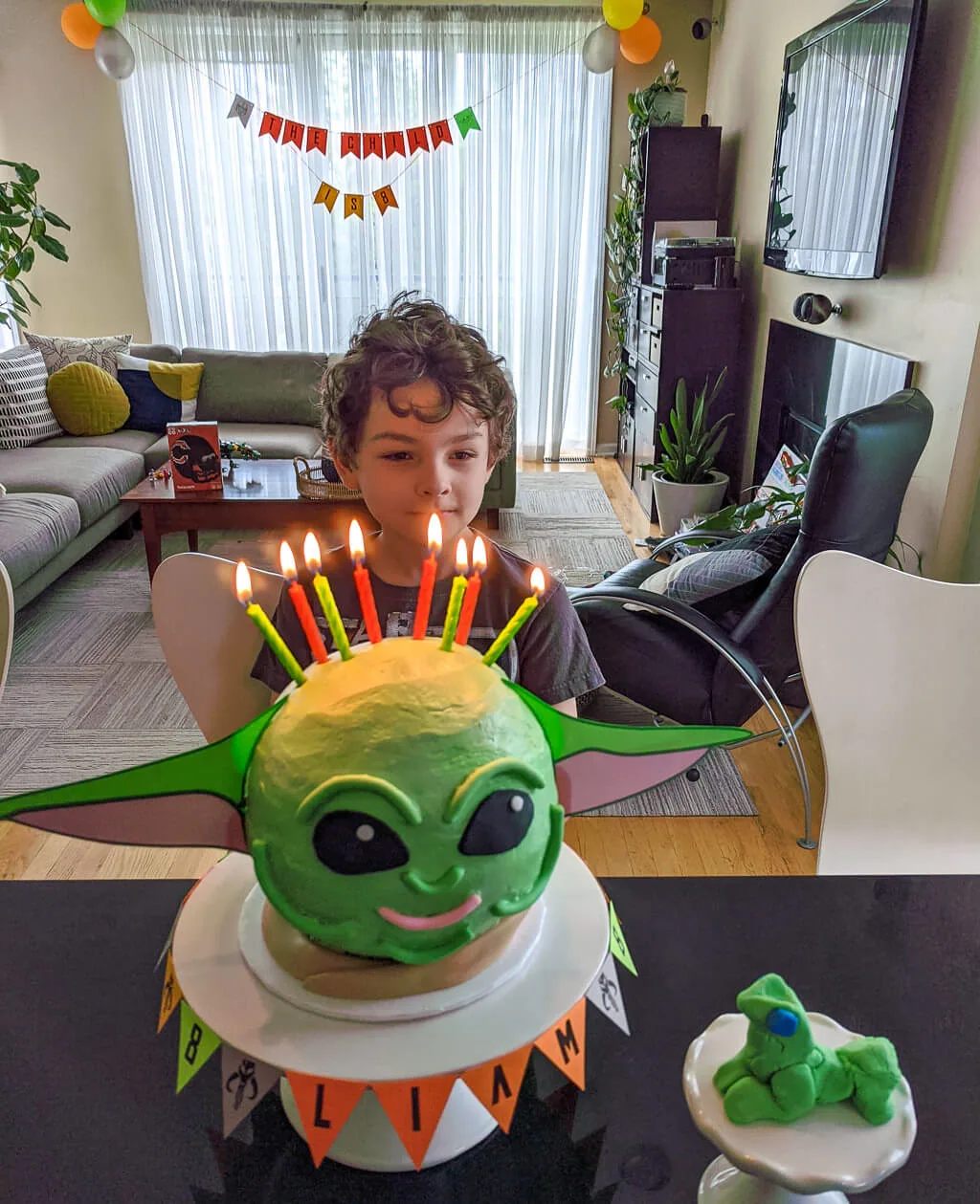 Liam with his Baby Yoda birthday cake. Copyright Merriment Design Co. Do not distribute without written permission.