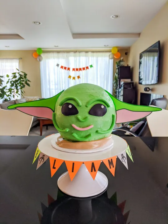 DIY Baby Yoda cake with printable ears cake topper