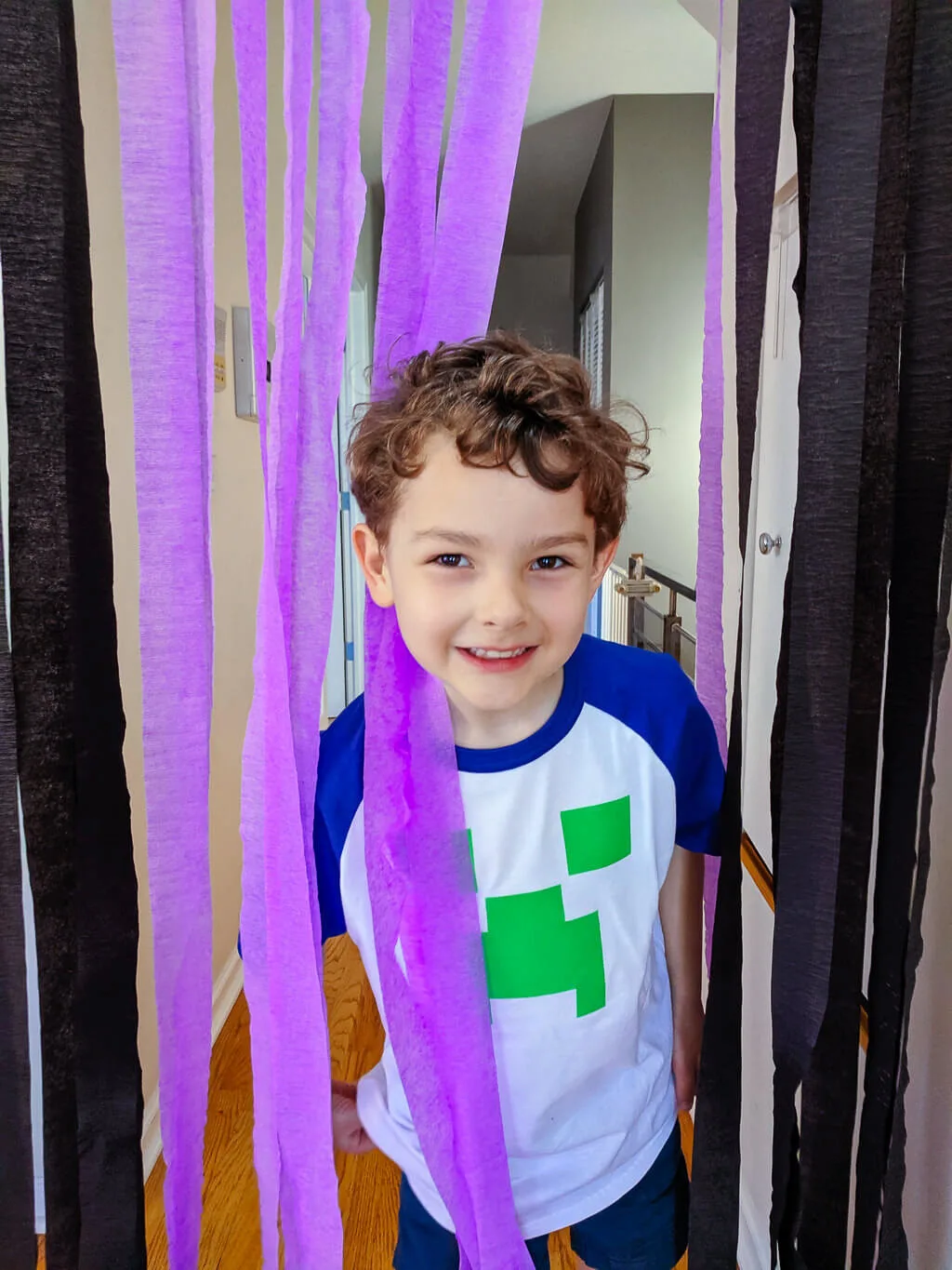 Minecraft birthday tshirt DIY and crepe paper nether portal- photo copyright Merriment Design Co.