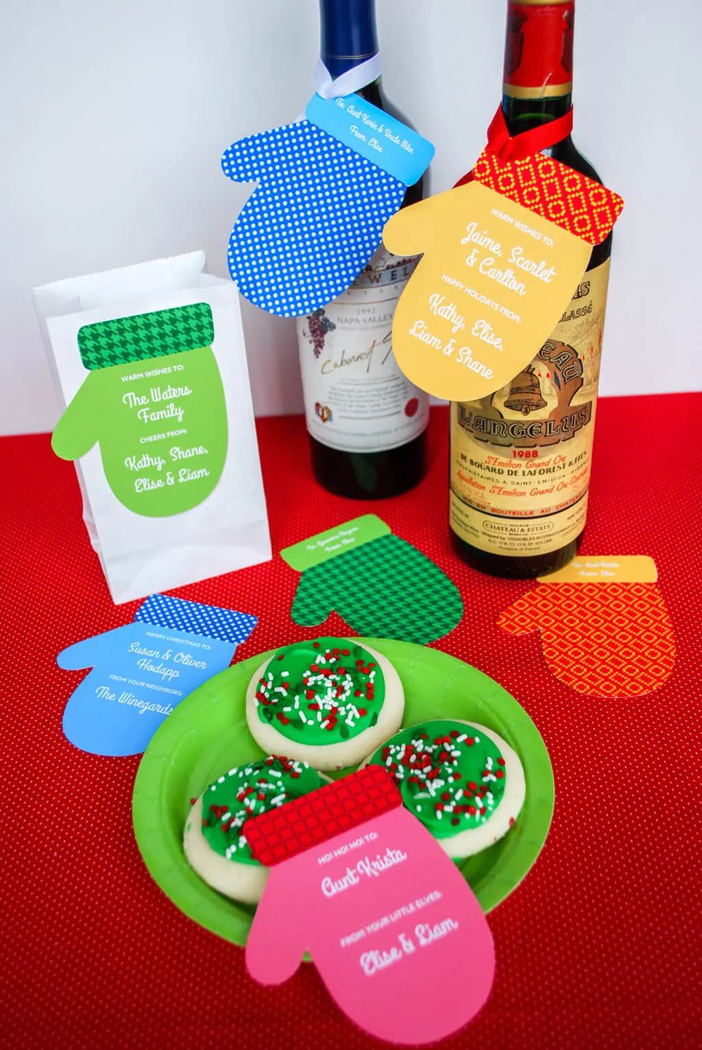 Printable Christmas gift tag on gifts and wine