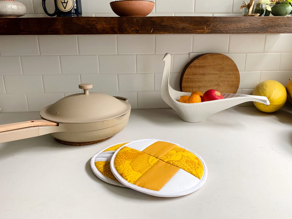 DIY modern quilted potholder in a modern kitchen